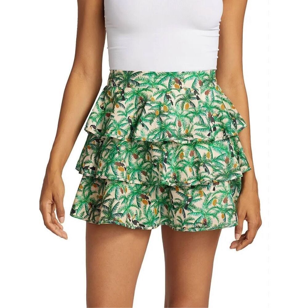 Farm Rio Tropical Toucans Print Ruffles Layered Mini Skirt Green Size Small